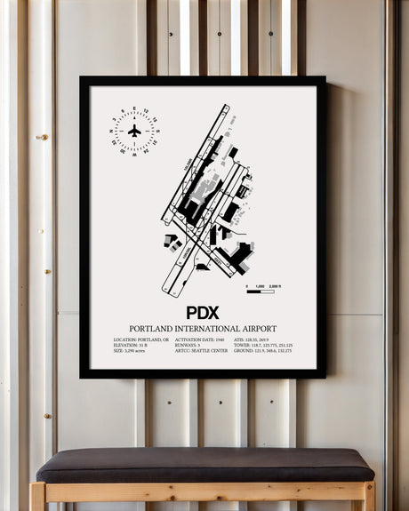 Framed Detailed Airport Map of Portland International Airport (PDX) in White with a Black Frame