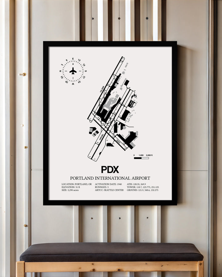 Framed Detailed Airport Map of Portland International Airport (PDX) in White with a Black Frame