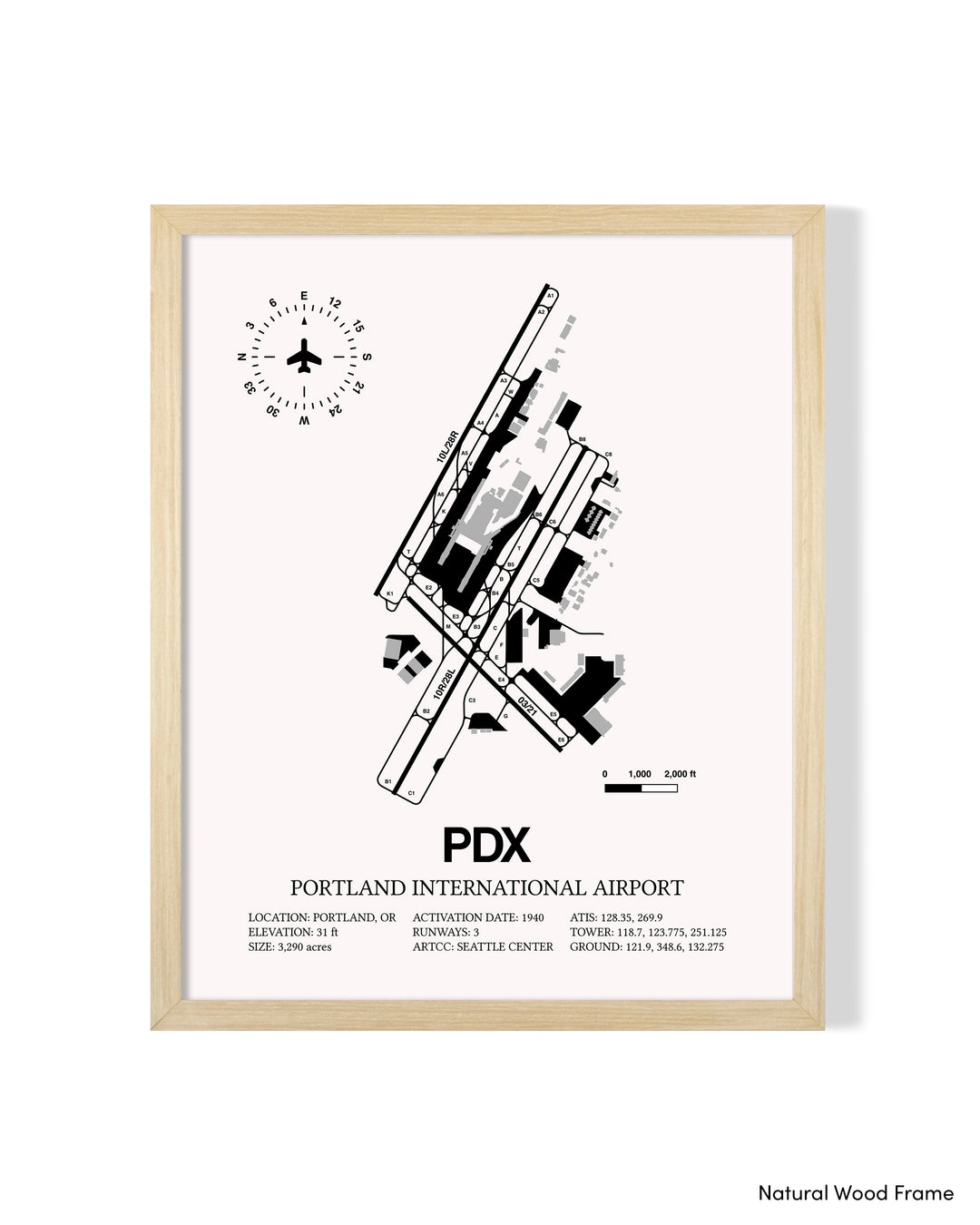 Detailed Airport Map of Portland International Airport (PDX) in White with a Natural Frame