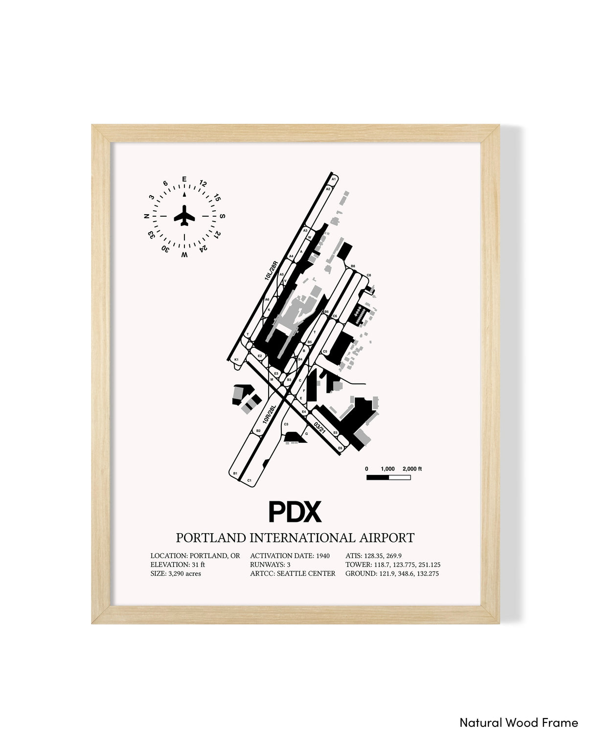 Detailed Airport Map of Portland International Airport (PDX) in White with a Natural Frame