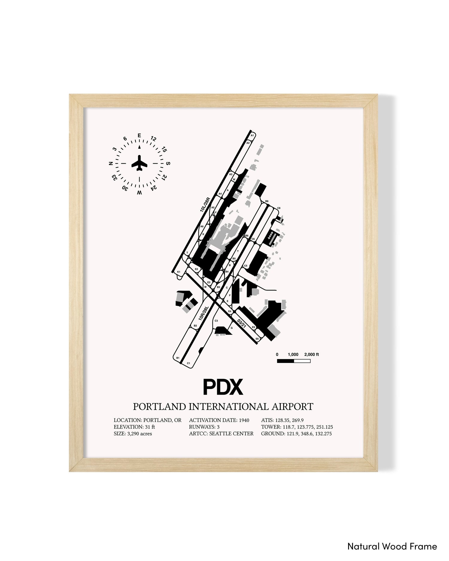 Detailed Airport Map of Portland International Airport (PDX) in White with a Natural Frame