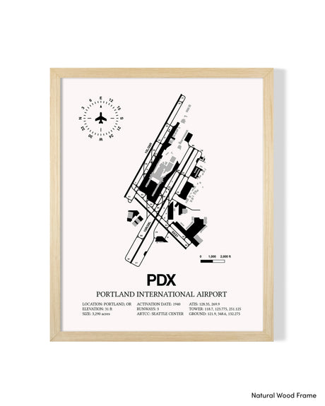 Detailed Airport Map of Portland International Airport (PDX) in White with a Natural Frame