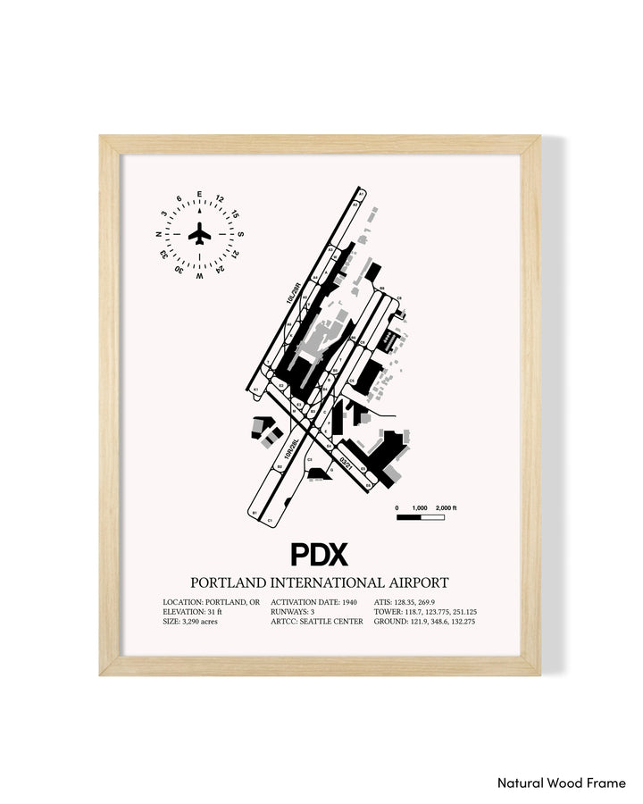 Detailed Airport Map of Portland International Airport (PDX) in White with a Natural Frame