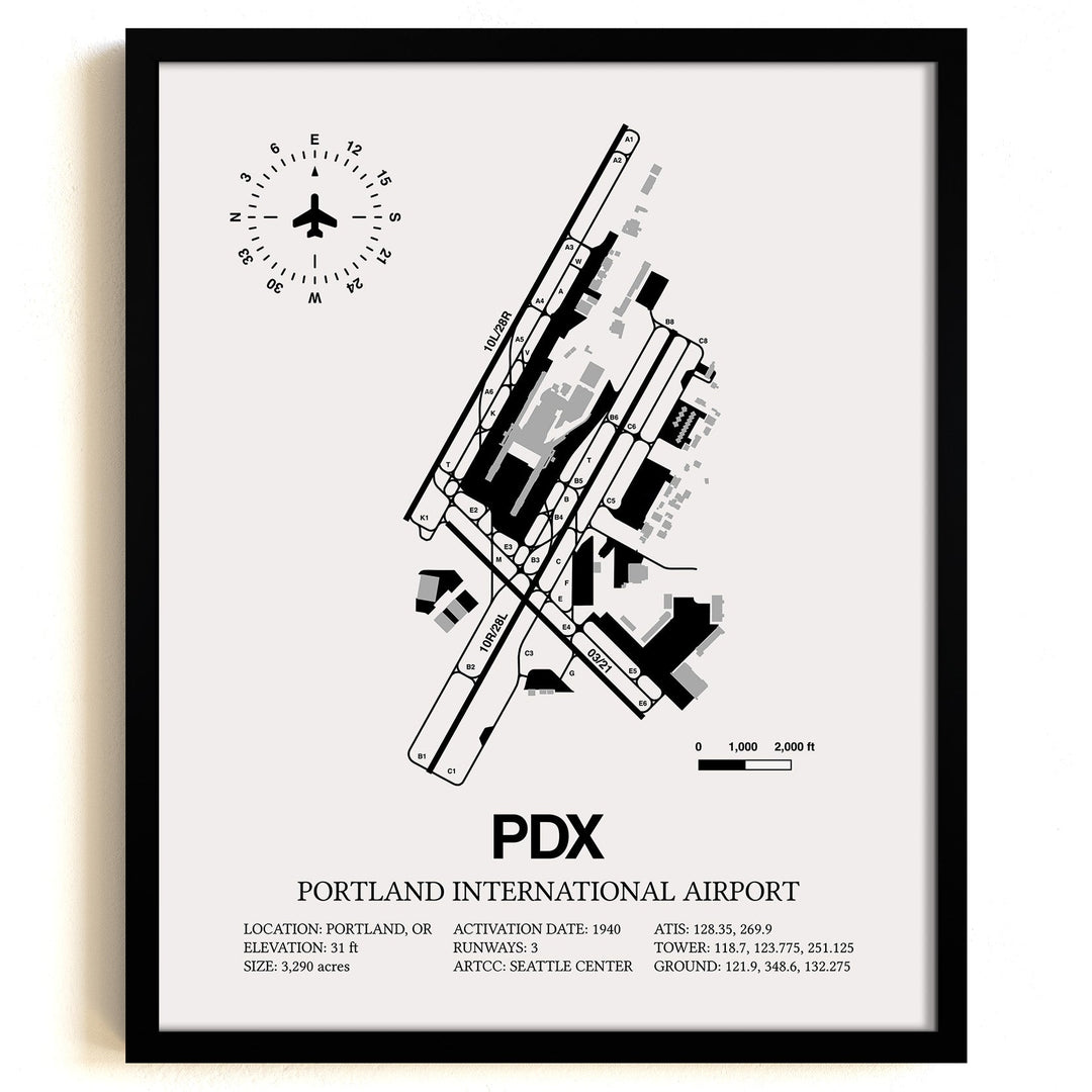 Framed Detailed Airport Map of Portland International Airport (PDX) in White with a Black Frame