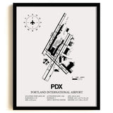 Framed Detailed Airport Map of Portland International Airport (PDX) in White with a Black Frame