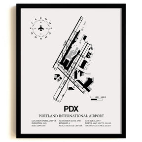 Framed Detailed Airport Map of Portland International Airport (PDX) in White with a Black Frame