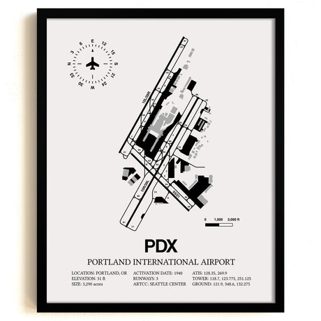 Framed Detailed Airport Map of Portland International Airport (PDX) in White with a Black Frame