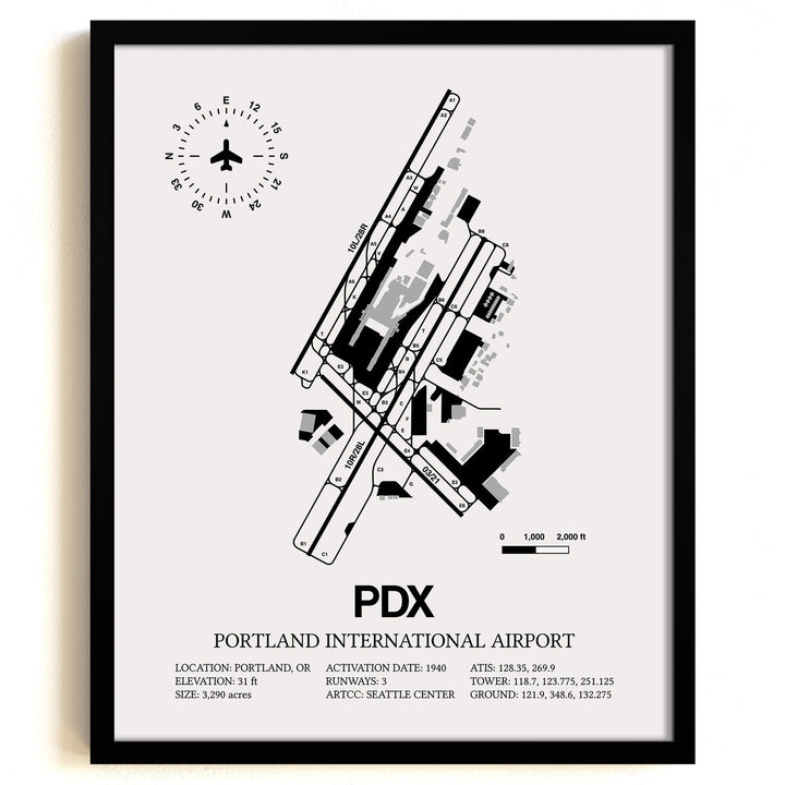 Framed Detailed Airport Map of Portland International Airport (PDX) in White with a Black Frame