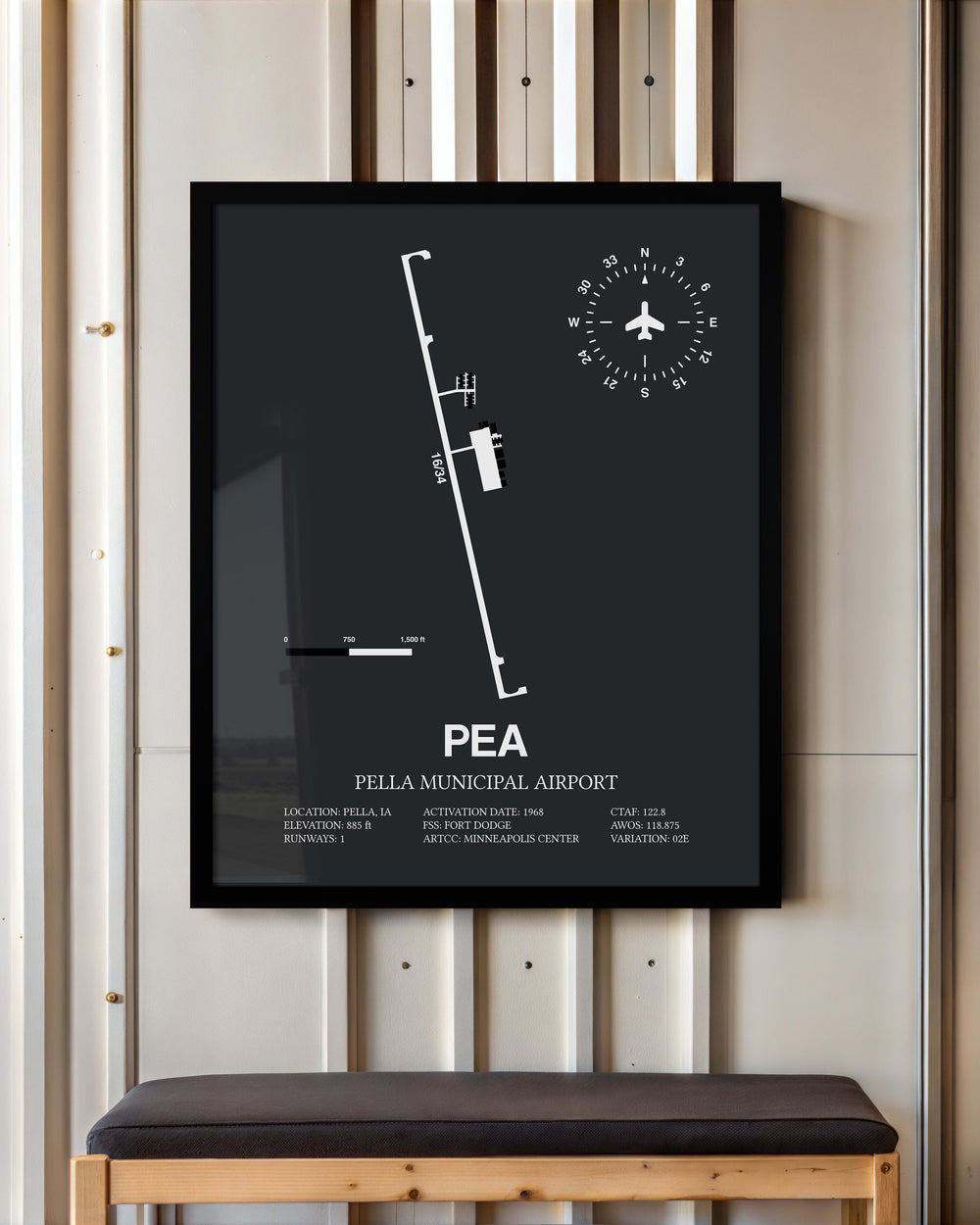 Framed Detailed Airport Map of Pella Municipal Airport (PEA) in Gray with a Black Frame