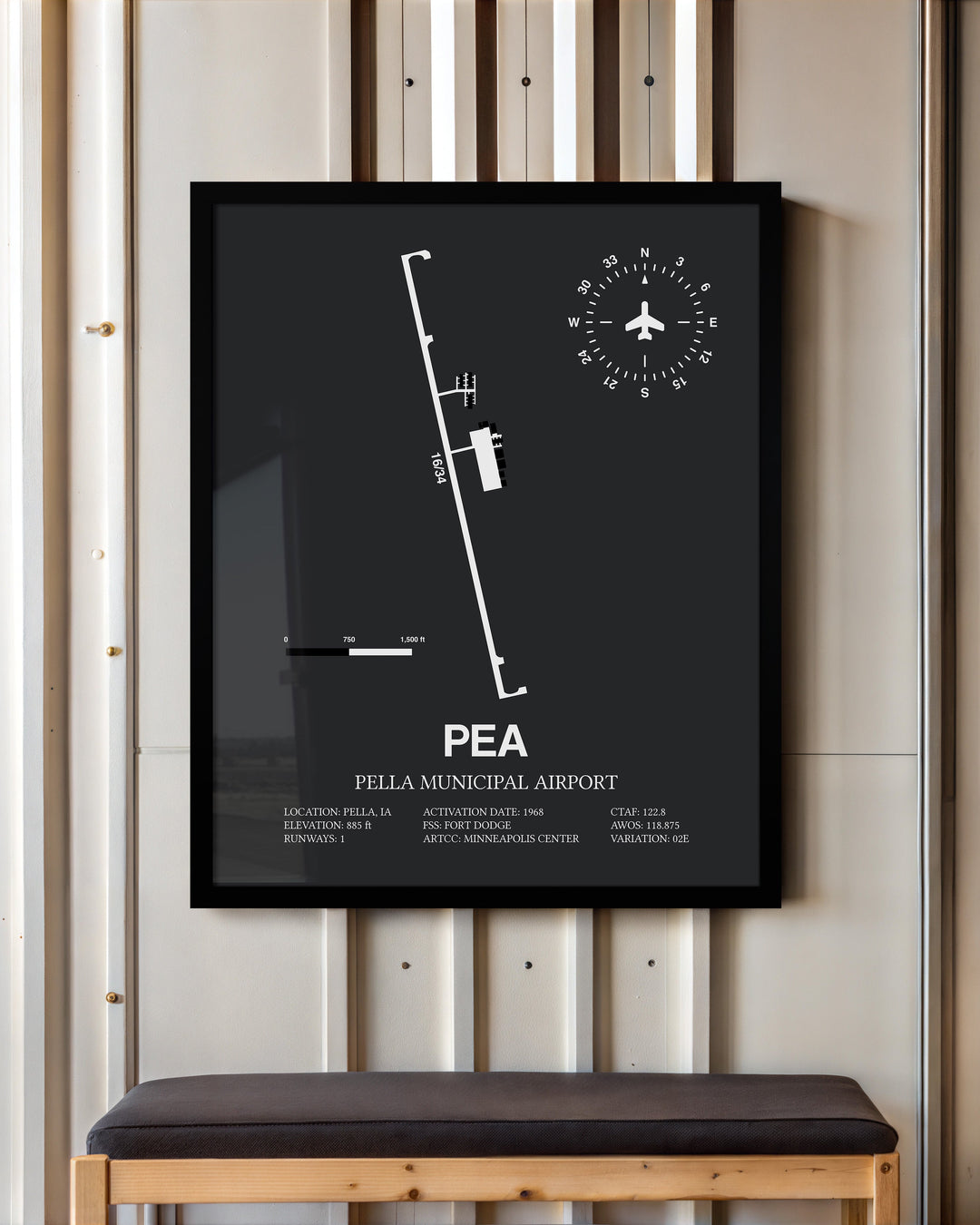 Framed Detailed Airport Map of Pella Municipal Airport (PEA) in Gray with a Black Frame