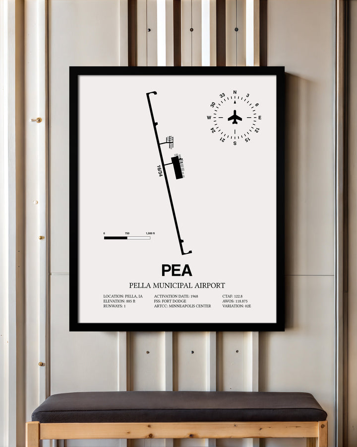 Framed Detailed Airport Map of Pella Municipal Airport (PEA) in White with a Black Frame
