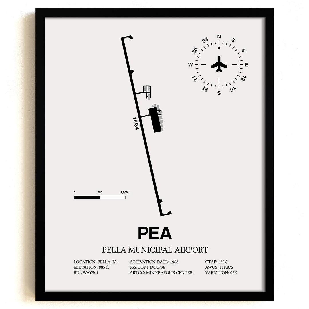 Framed Detailed Airport Map of Pella Municipal Airport (PEA) in White with a Black Frame