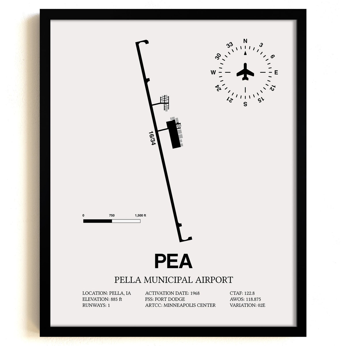 Framed Detailed Airport Map of Pella Municipal Airport (PEA) in White with a Black Frame