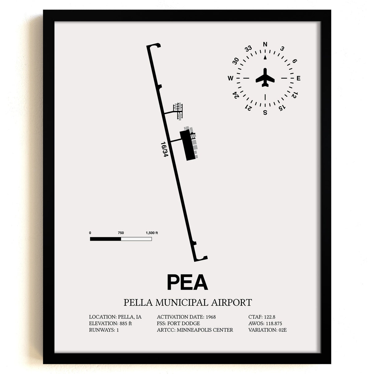 Framed Detailed Airport Map of Pella Municipal Airport (PEA) in White with a Black Frame
