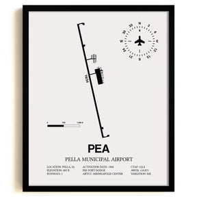 Framed Detailed Airport Map of Pella Municipal Airport (PEA) in White with a Black Frame