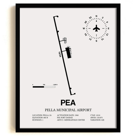 Framed Detailed Airport Map of Pella Municipal Airport (PEA) in White with a Black Frame