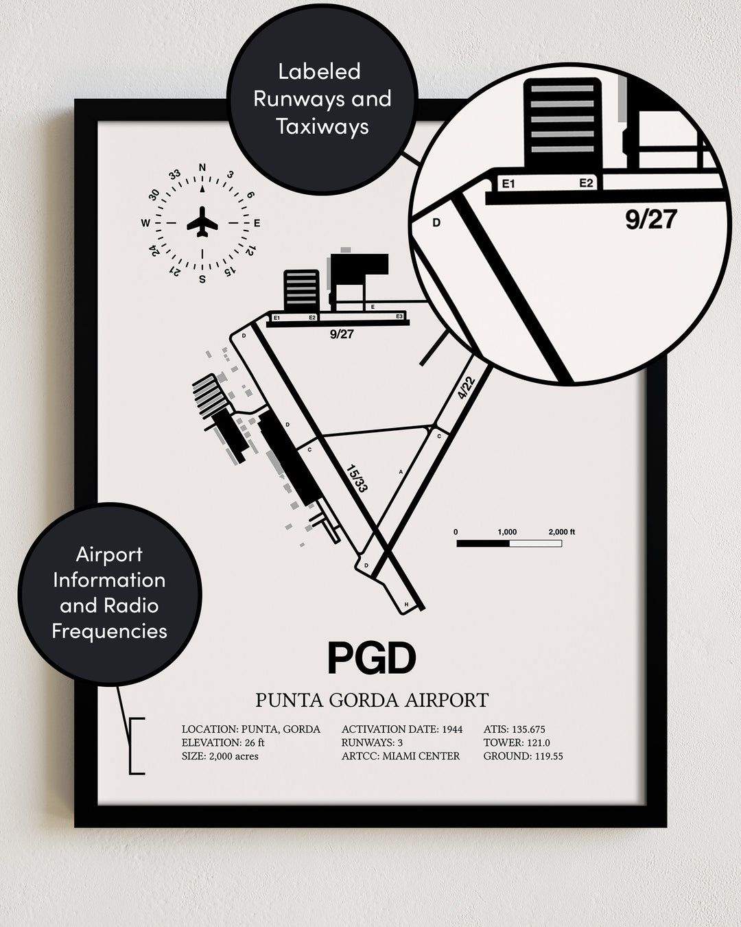 Framed Detailed Airport Map of Punta Gorda Airport (PGD) in White with a Black Frame