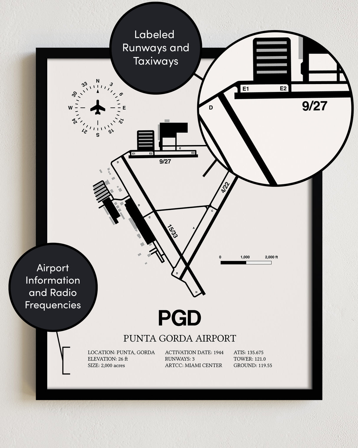Framed Detailed Airport Map of Punta Gorda Airport (PGD) in White with a Black Frame