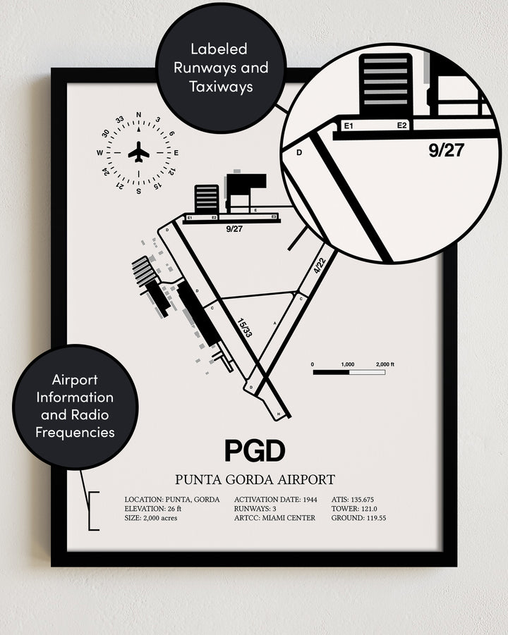 Framed Detailed Airport Map of Punta Gorda Airport (PGD) in White with a Black Frame