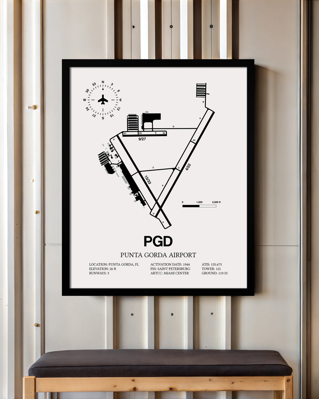 Framed Detailed Airport Map of Punta Gorda Airport (PGD) in White with a Black Frame