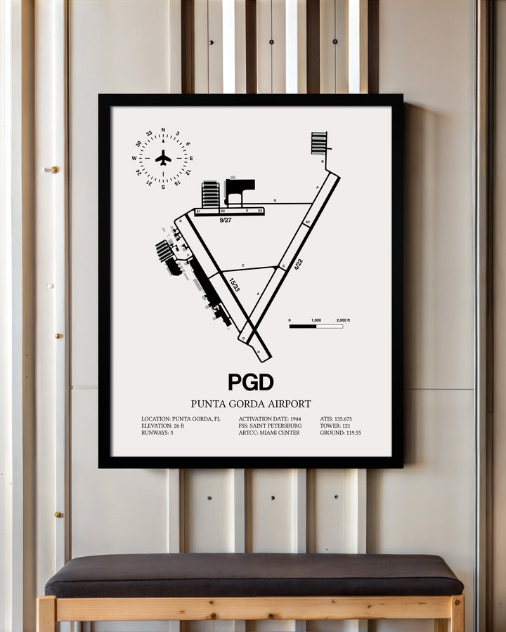 Framed Detailed Airport Map of Punta Gorda Airport (PGD) in White with a Black Frame