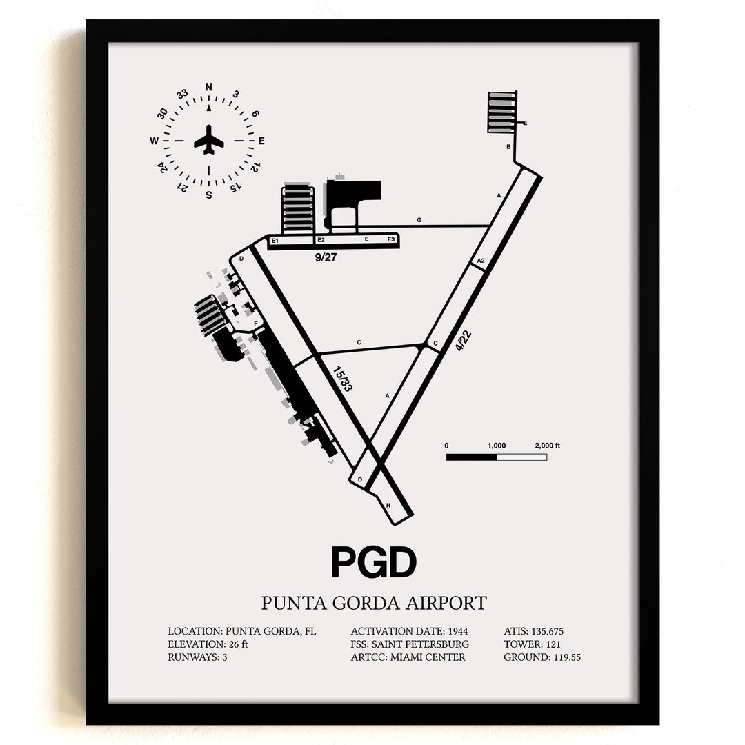 Framed Detailed Airport Map of Punta Gorda Airport (PGD) in White with a Black Frame