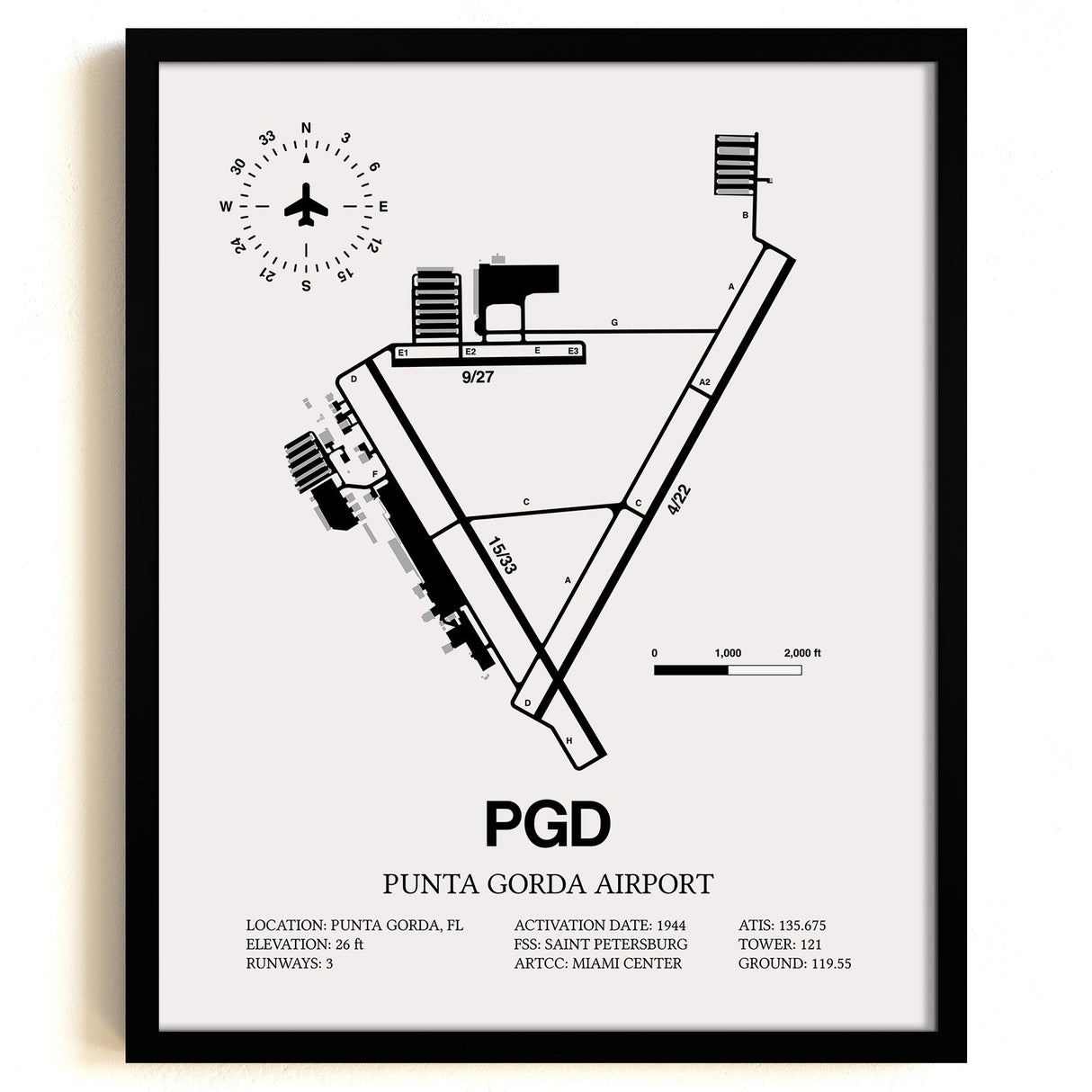 Framed Detailed Airport Map of Punta Gorda Airport (PGD) in White with a Black Frame