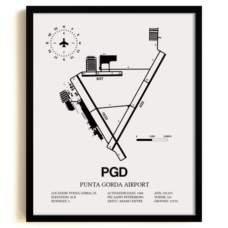Framed Detailed Airport Map of Punta Gorda Airport (PGD) in White with a Black Frame