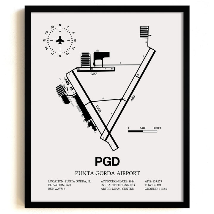 Framed Detailed Airport Map of Punta Gorda Airport (PGD) in White with a Black Frame