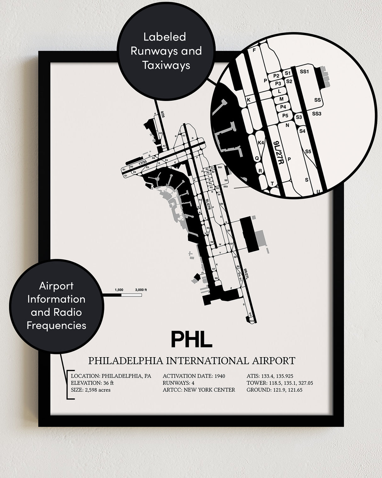 Framed Detailed Airport Map of Philadelphia International Airport (PHL) in White with a Black Frame