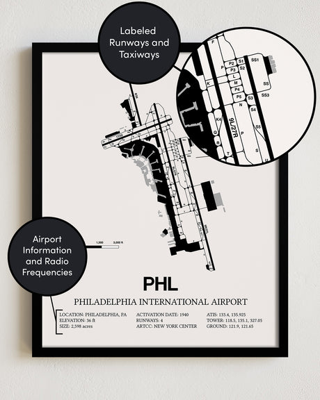 Framed Detailed Airport Map of Philadelphia International Airport (PHL) in White with a Black Frame