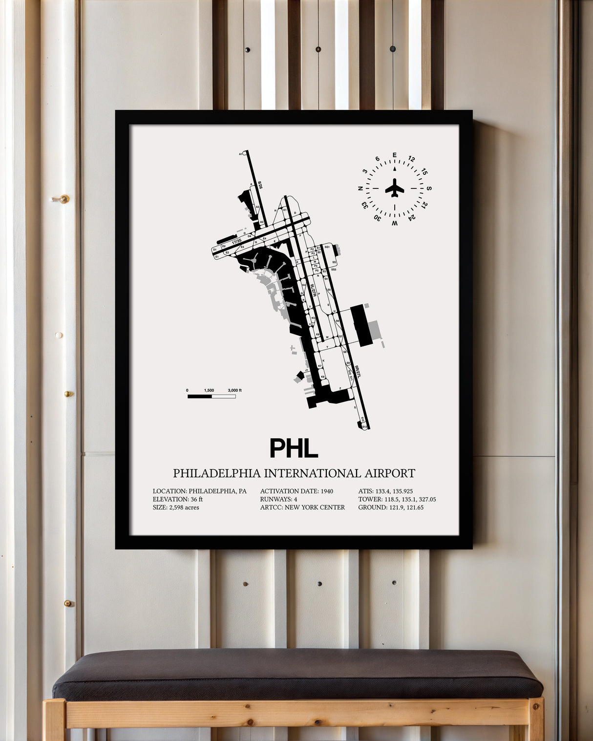 Framed Detailed Airport Map of Philadelphia International Airport (PHL) in White with a Black Frame