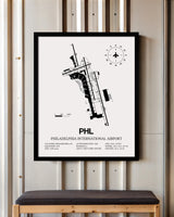 Framed Detailed Airport Map of Philadelphia International Airport (PHL) in White with a Black Frame