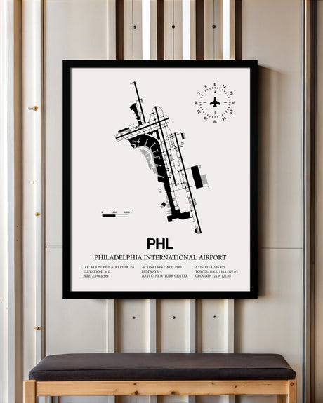 Framed Detailed Airport Map of Philadelphia International Airport (PHL) in White with a Black Frame