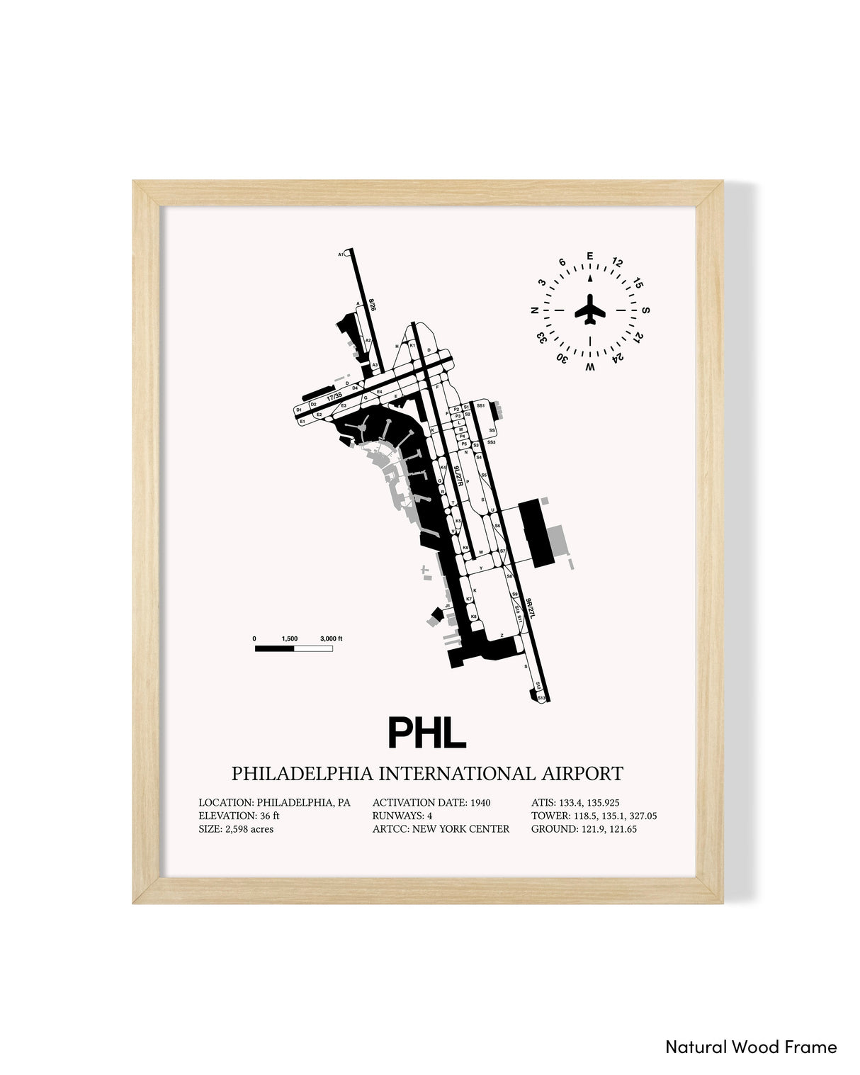 Detailed Airport Map of Philadelphia International Airport (PHL) in White with a Natural Frame