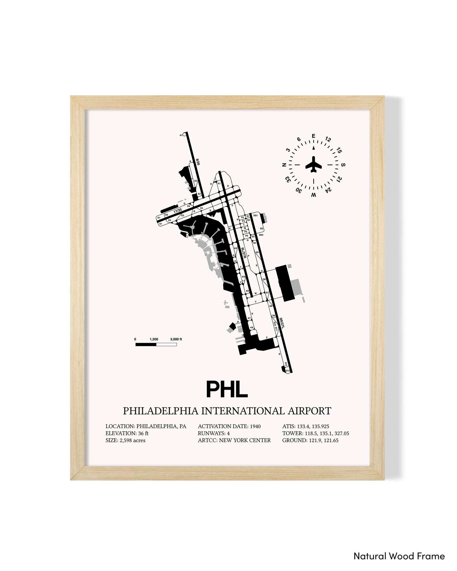 Detailed Airport Map of Philadelphia International Airport (PHL) in White with a Natural Frame