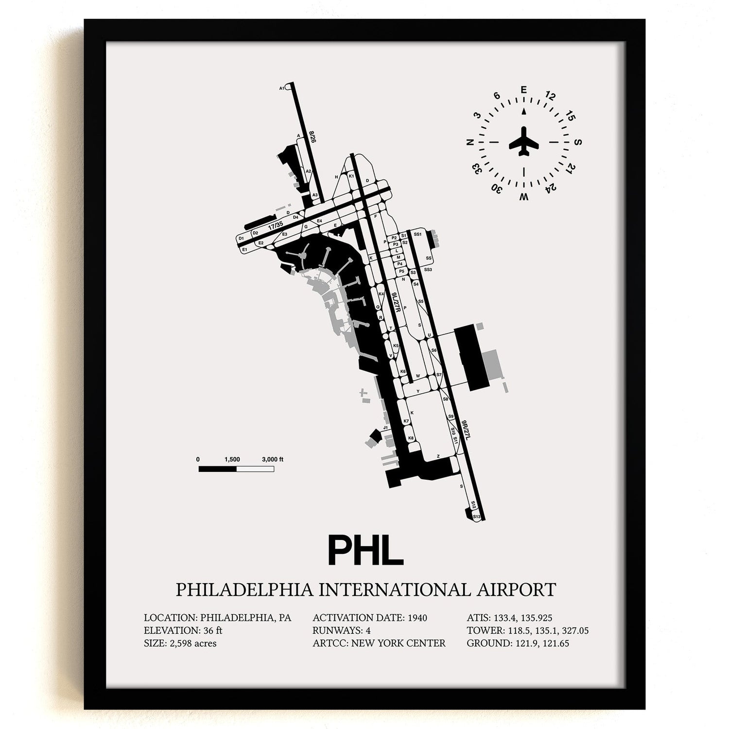 Framed Detailed Airport Map of Philadelphia International Airport (PHL) in White with a Black Frame