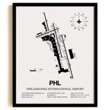 Framed Detailed Airport Map of Philadelphia International Airport (PHL) in White with a Black Frame