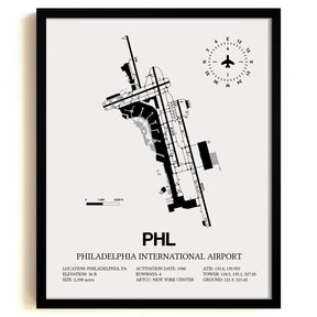 Framed Detailed Airport Map of Philadelphia International Airport (PHL) in White with a Black Frame