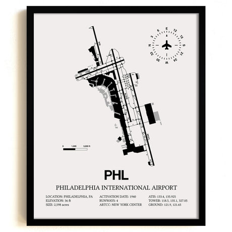 Framed Detailed Airport Map of Philadelphia International Airport (PHL) in White with a Black Frame
