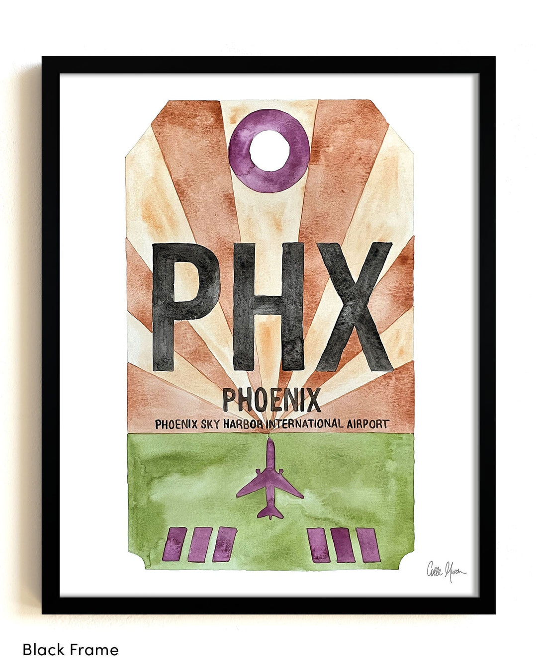 Framed Watercolor Print of Phoenix Sky Harbor International Airport (PHX) with a Black Frame