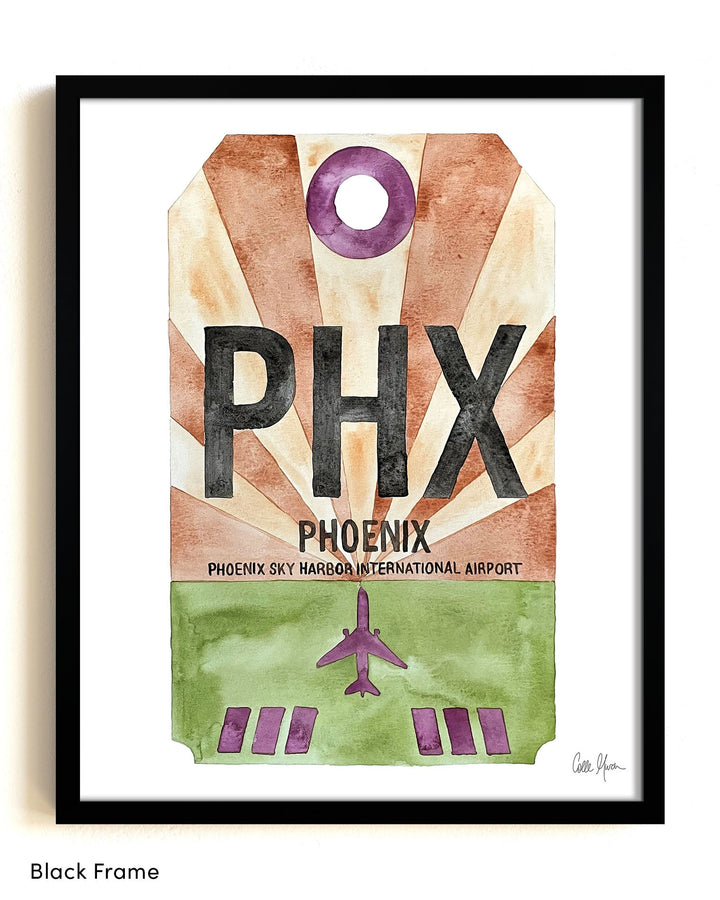 Framed Watercolor Print of Phoenix Sky Harbor International Airport (PHX) with a Black Frame