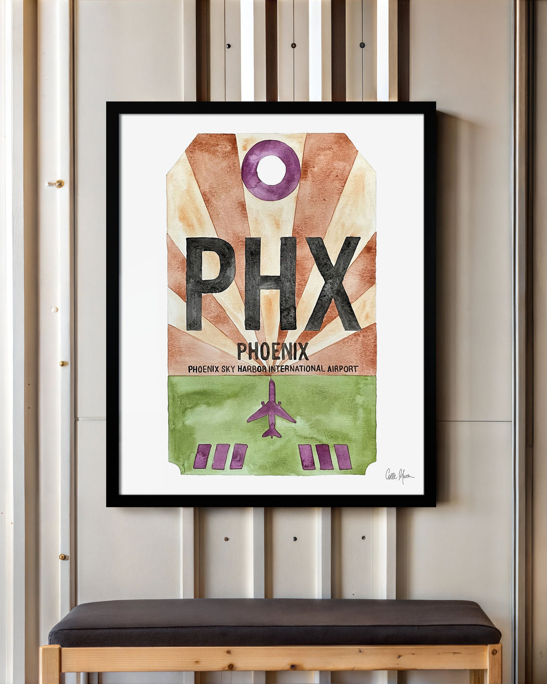 Framed Watercolor Print of Phoenix Sky Harbor International Airport (PHX) with a Black Frame