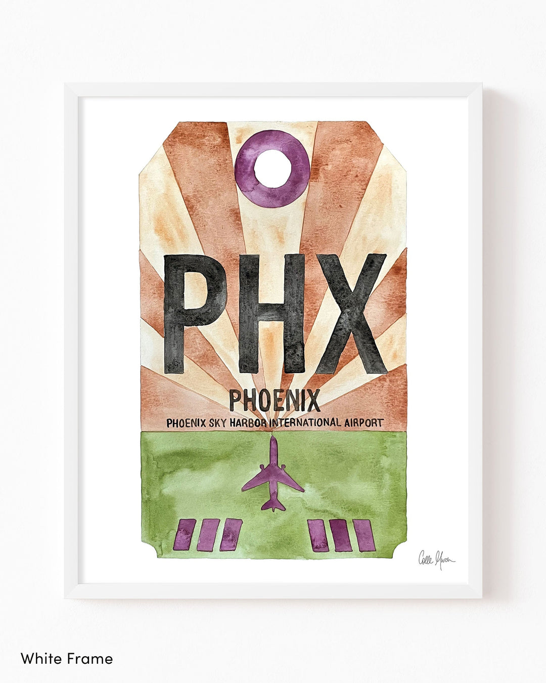 Framed Watercolor Print of Phoenix Sky Harbor International Airport (PHX) with a White Frame