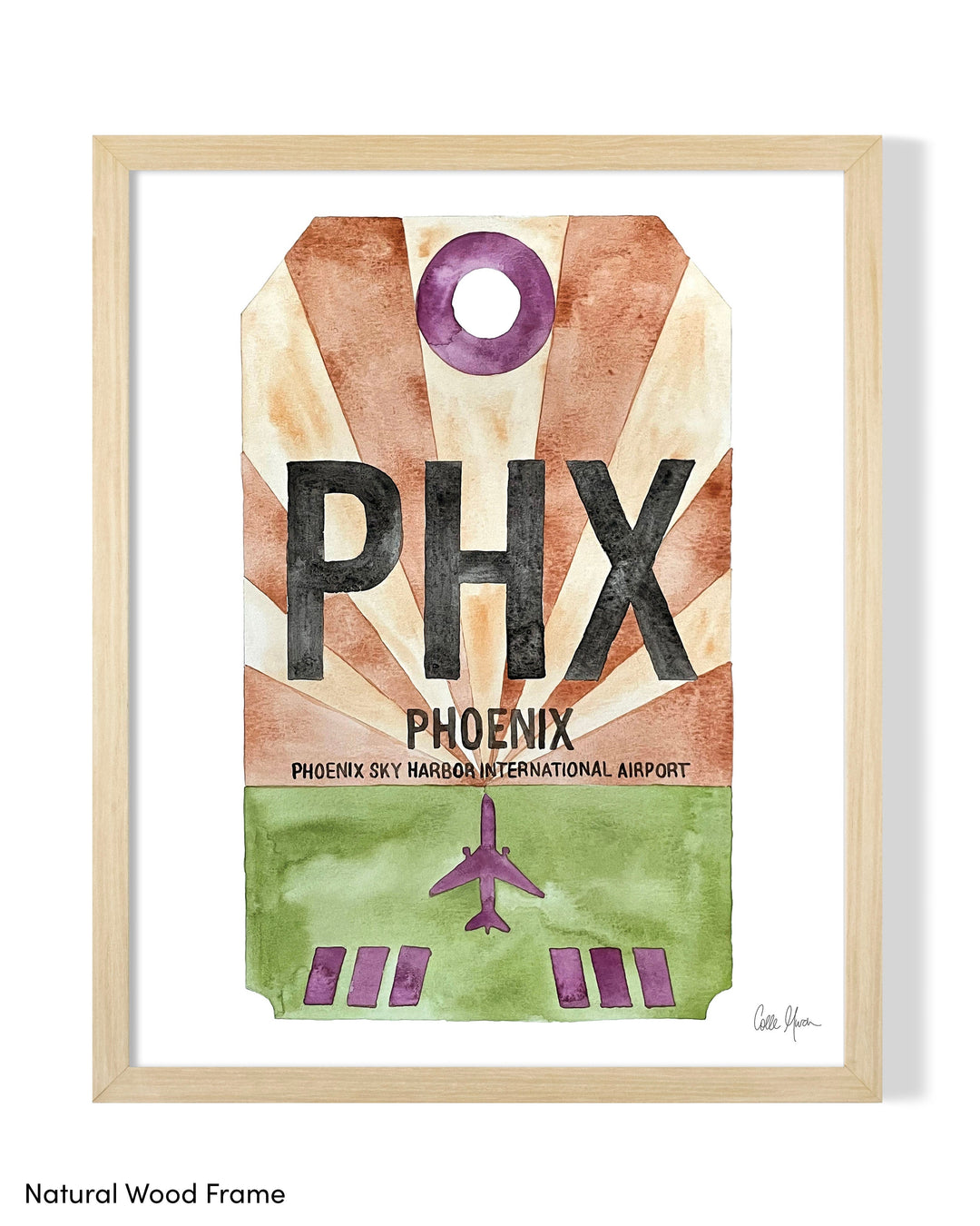 Framed Watercolor Print of Phoenix Sky Harbor International Airport (PHX) with a Natural Wood Frame