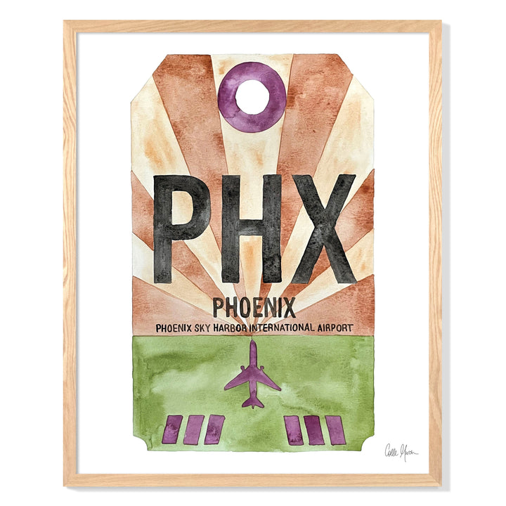 Framed Watercolor Print of Phoenix Sky Harbor International Airport (PHX) with an Oak Frame