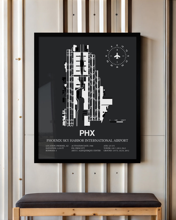 Framed Detailed Airport Map of Phoenix Sky Harbor International Airport (PHX) in Gray with a Black Frame