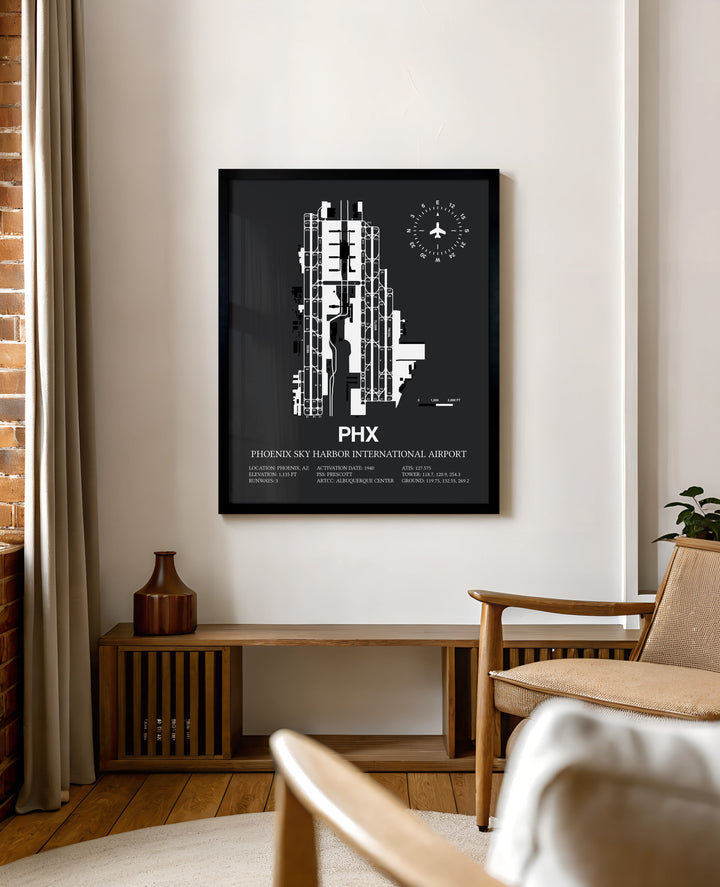 Framed Detailed Airport Map of Phoenix Sky Harbor International Airport (PHX) in Gray with a Black Frame