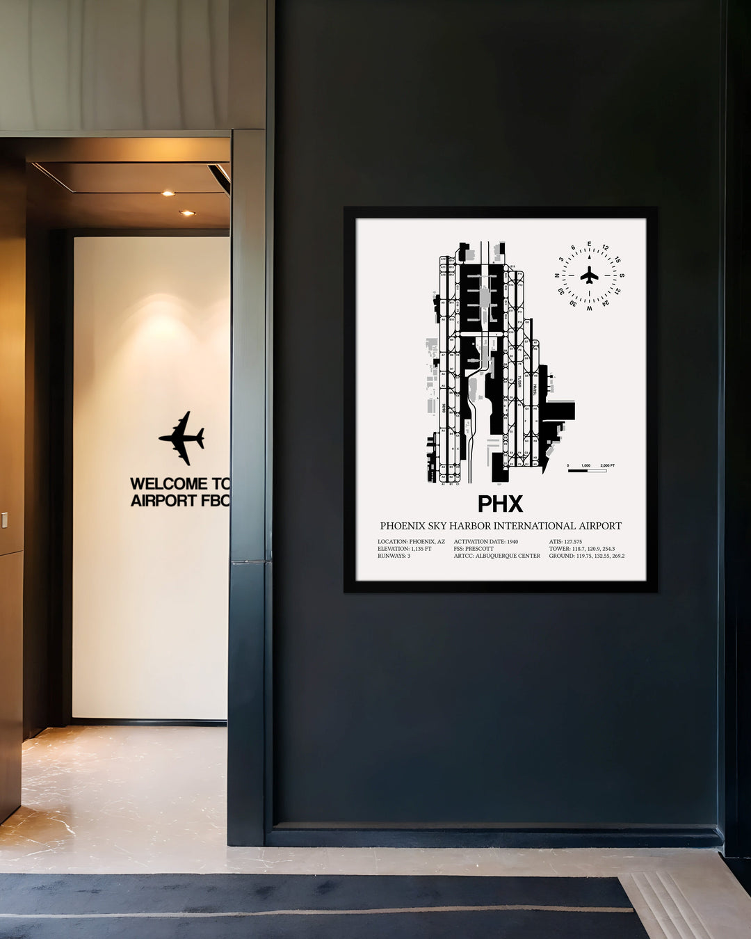 Framed Detailed Airport Map of Phoenix Sky Harbor International Airport (PHX) in White with a Black Frame