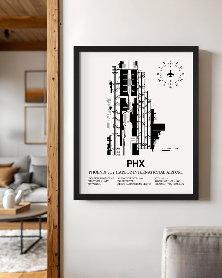 Framed Detailed Airport Map of Phoenix Sky Harbor International Airport (PHX) in White with a Black Frame